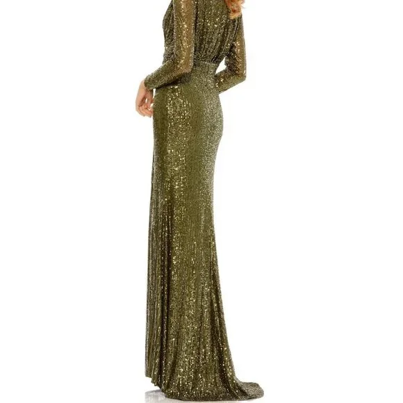 COPY - Mac Duggal Olive Green Long Sleeve Sequin Faux Wrap Gown